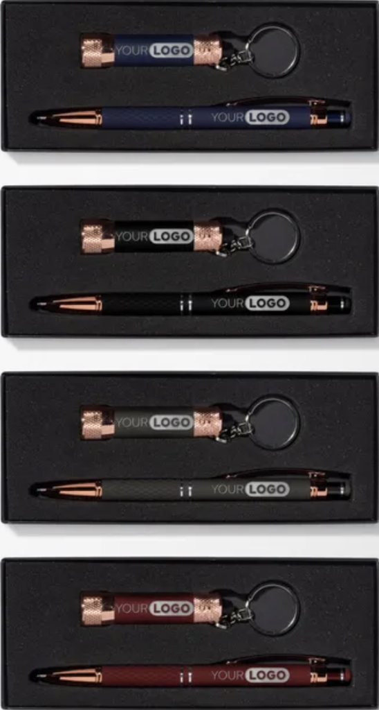 Stylo et lampe de poche avec gravure personnalisée dans un coffret avec noeud cadeau