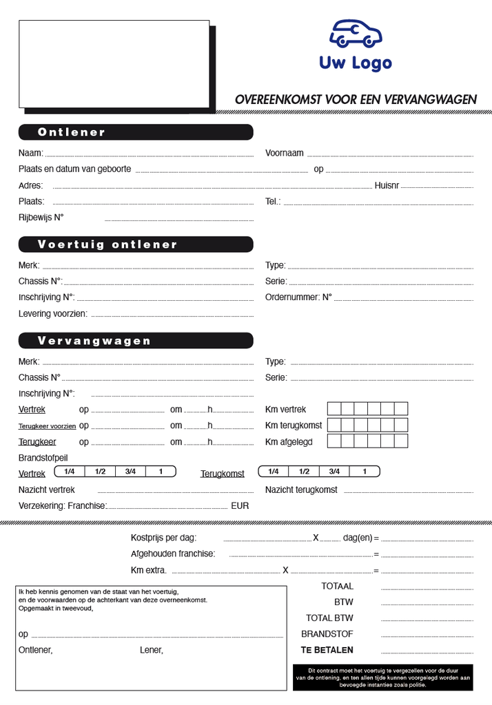 Contrat pour véhicules de remplacement avec marquage personnalisé x50 - Néerlandais