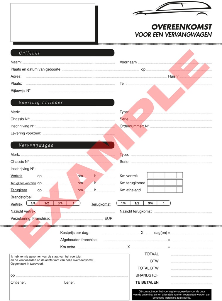 Contrat pour véhicules de remplacement x50 - Néerlandais
