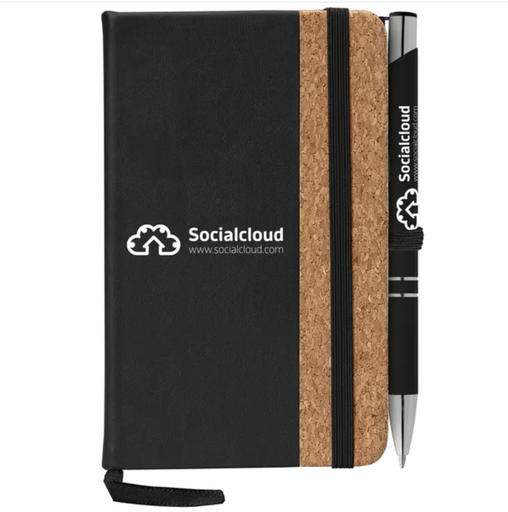 Carnet en liège et stylo avec marquage personnalisé en blanc